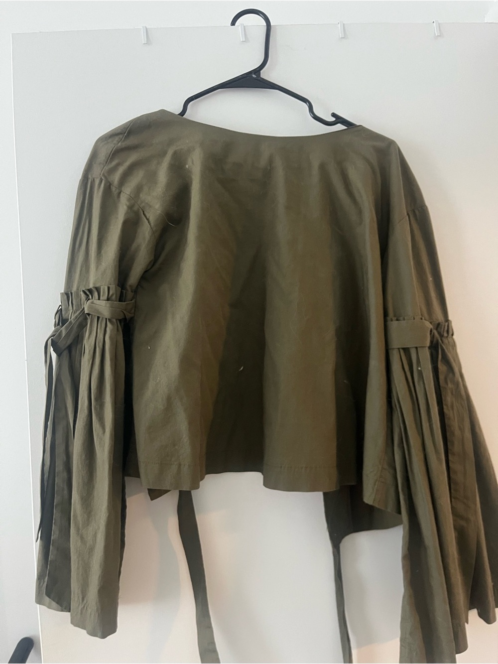 Free People Olive Green Tie-Sleeve Cropped Blouse